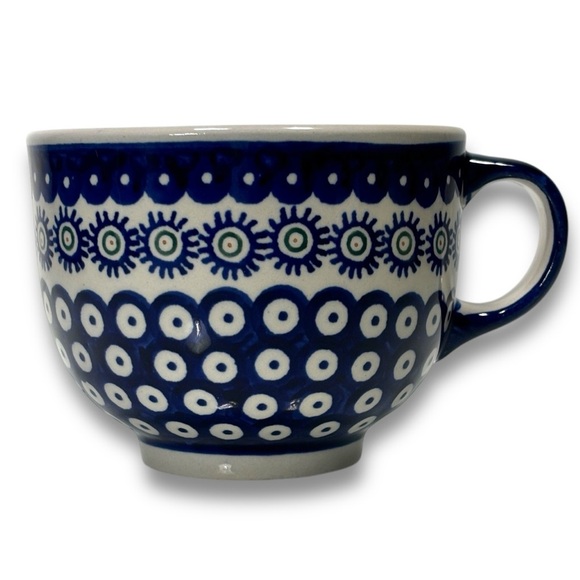 Boleslawiec Polish Pottery Blue White Peacock Pattern Large Mug Soup Bowl - Picture 1 of 9